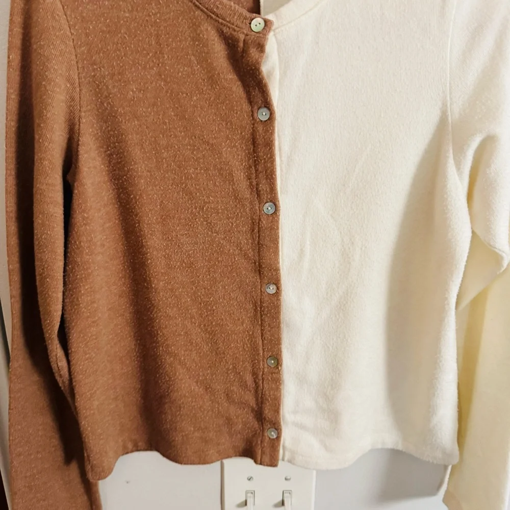 DONNI tan & off white colorblock two tone cardigan - Picture 3 of 6